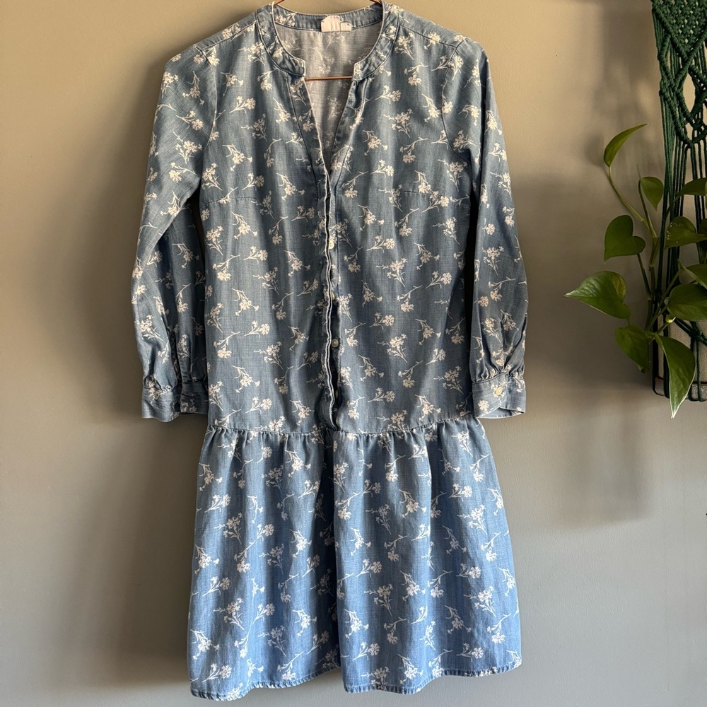 NWOT Gap Women’s Drop-waist Floral Print Denim Chambray Button Down Dress, 00